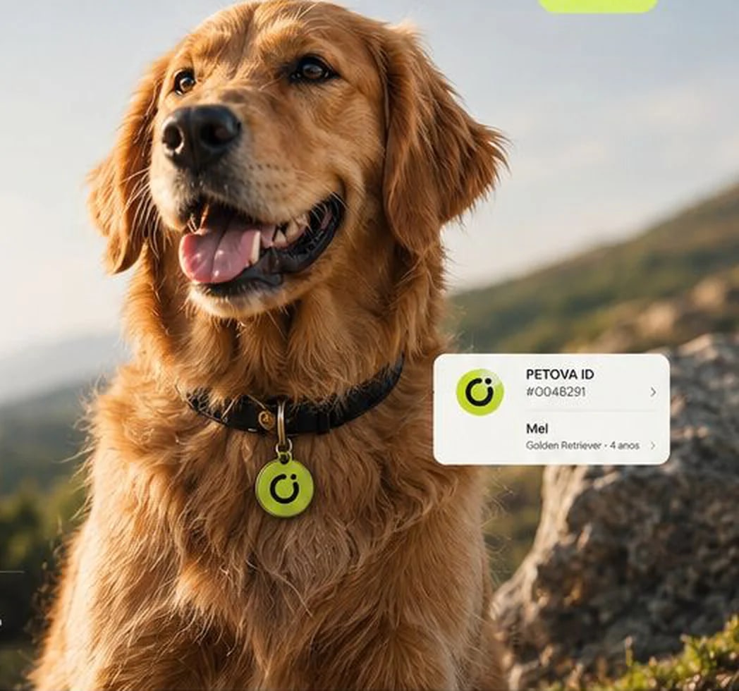 Golden retriever com medalha verde PETOVA em uma composição de identidade digital