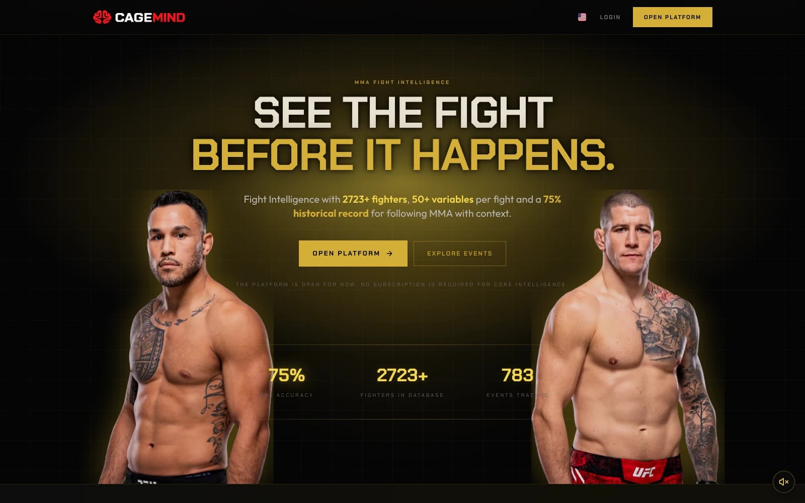 Landing V3 ativa da CageMind com headline de inteligência para MMA